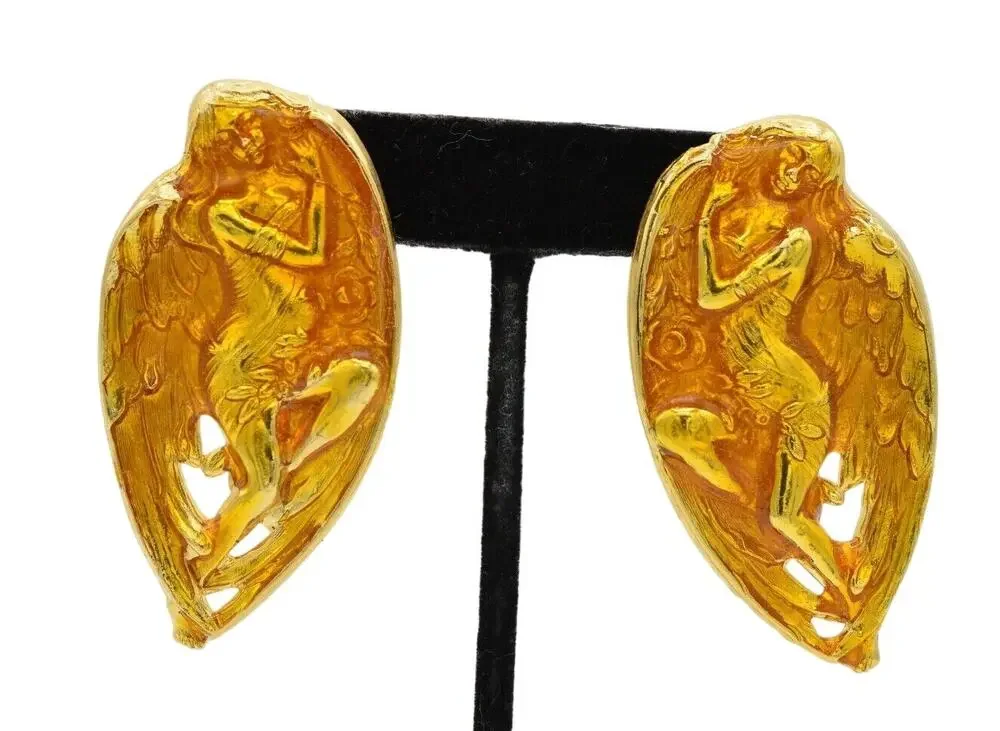 Vintage Statement Woman Abstract Enamel Earrings Angel Chunky NOS 80s 1980s 9L